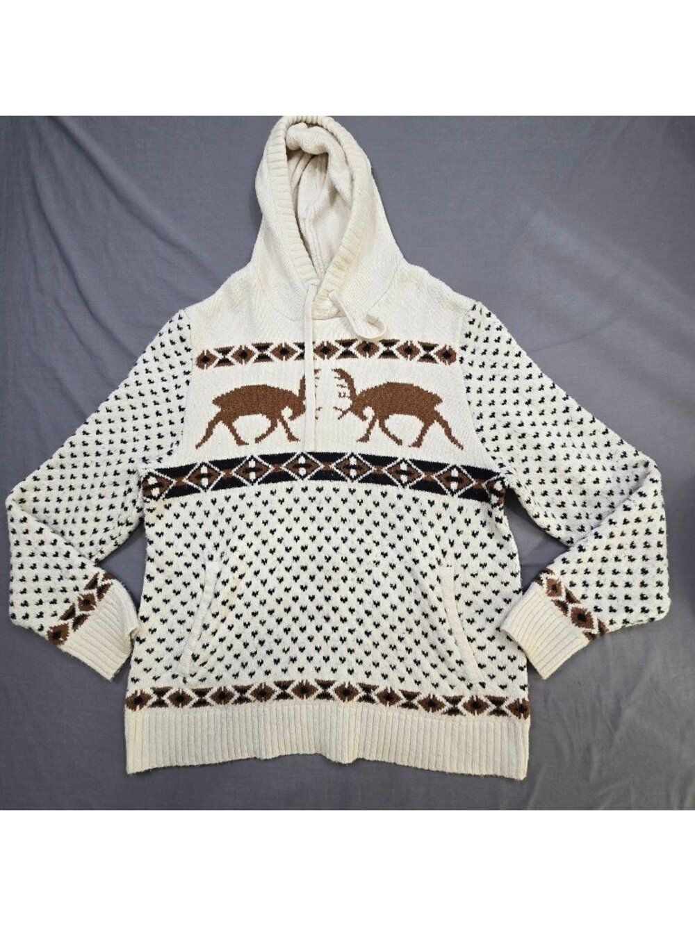 Vintage American Eagle Mens Large Hoodie Sweater Beige Brown Rustic Reindeer